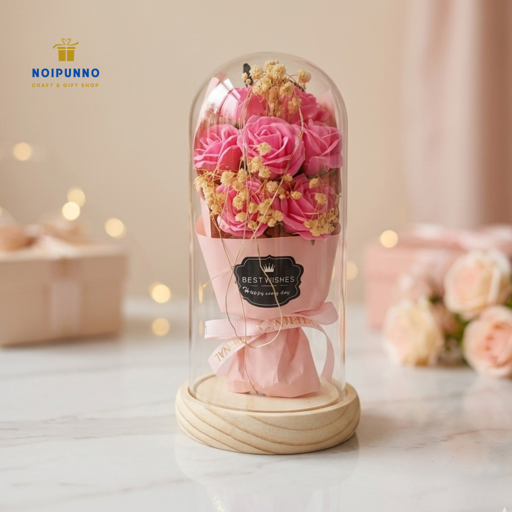 Enchanted Red Rose Glass Dome with Premium Wooden Base & LED Lights - Image 3