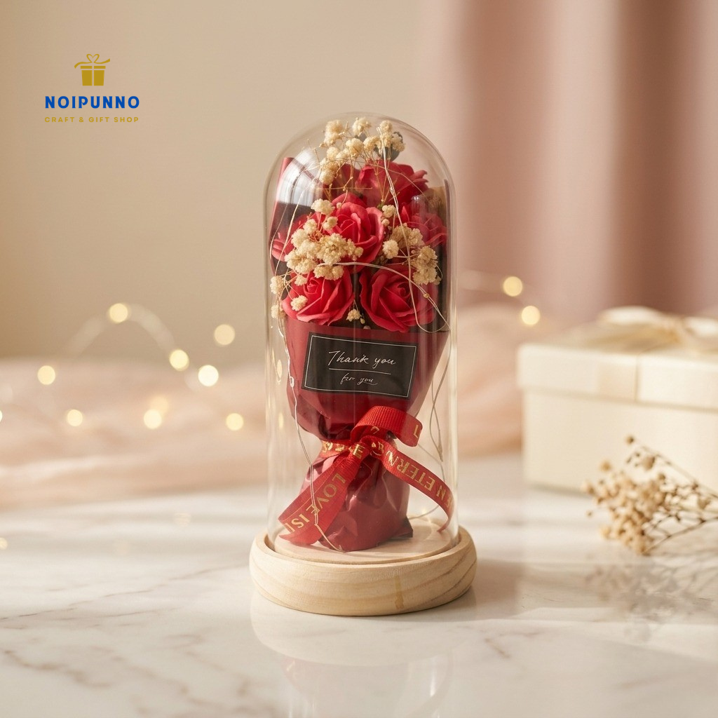 Enchanted Red Rose Glass Dome with Premium Wooden Base & LED Lights - Image 2