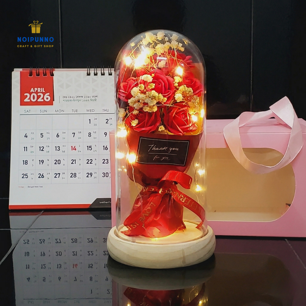 Enchanted Red Rose Glass Dome with Premium Wooden Base & LED Lights